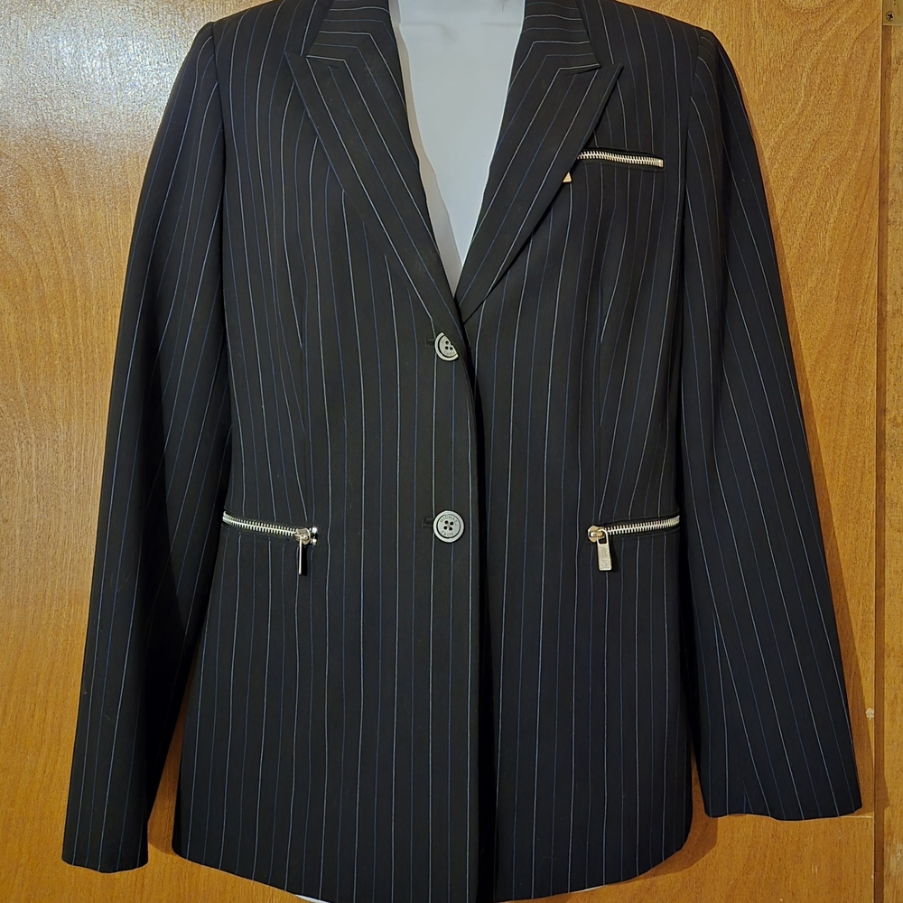Michael Kors Black Pinstripe Blazer with Zipper Accents Sz 8